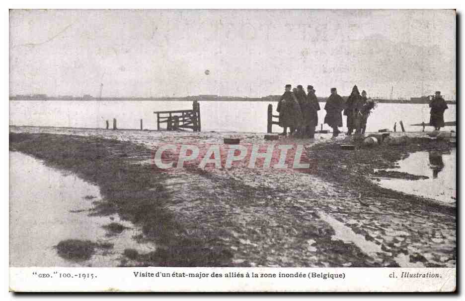 Visita de un estado mayor aliado a una zona inundada (Bélgica) — 1915 — cl. Illustration