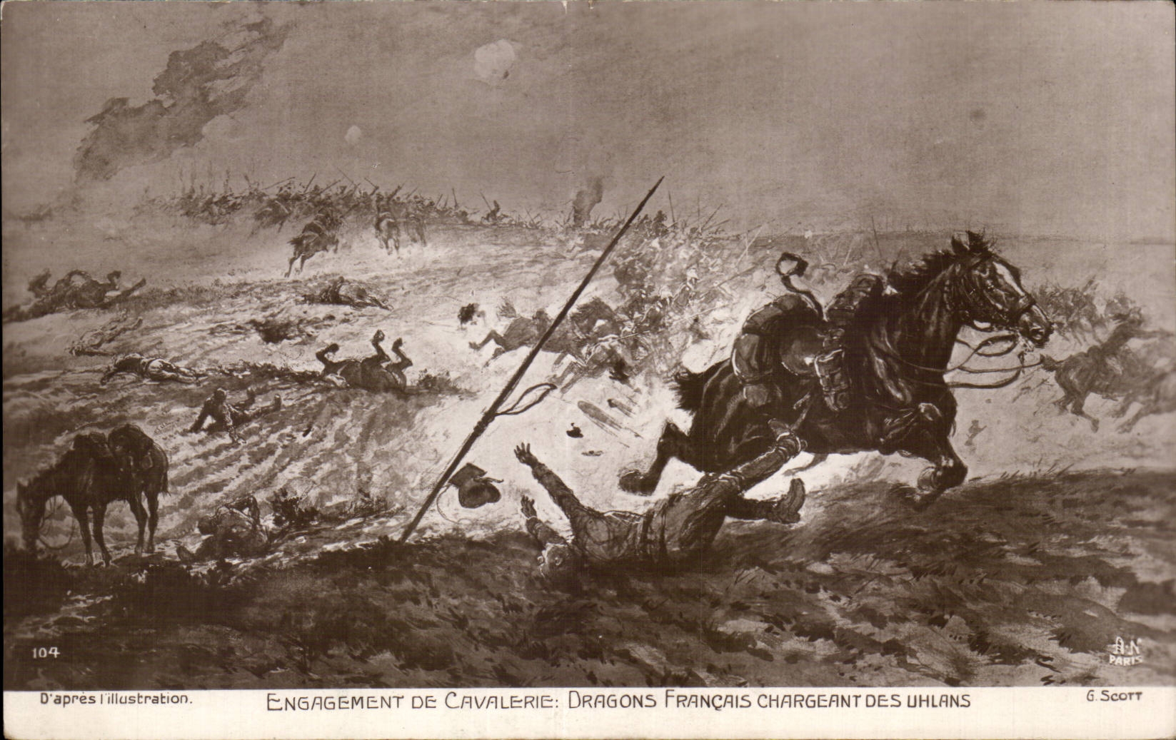 CPA Militaria Engagement de cavalerie Dragons francais chargeant les Uhlans