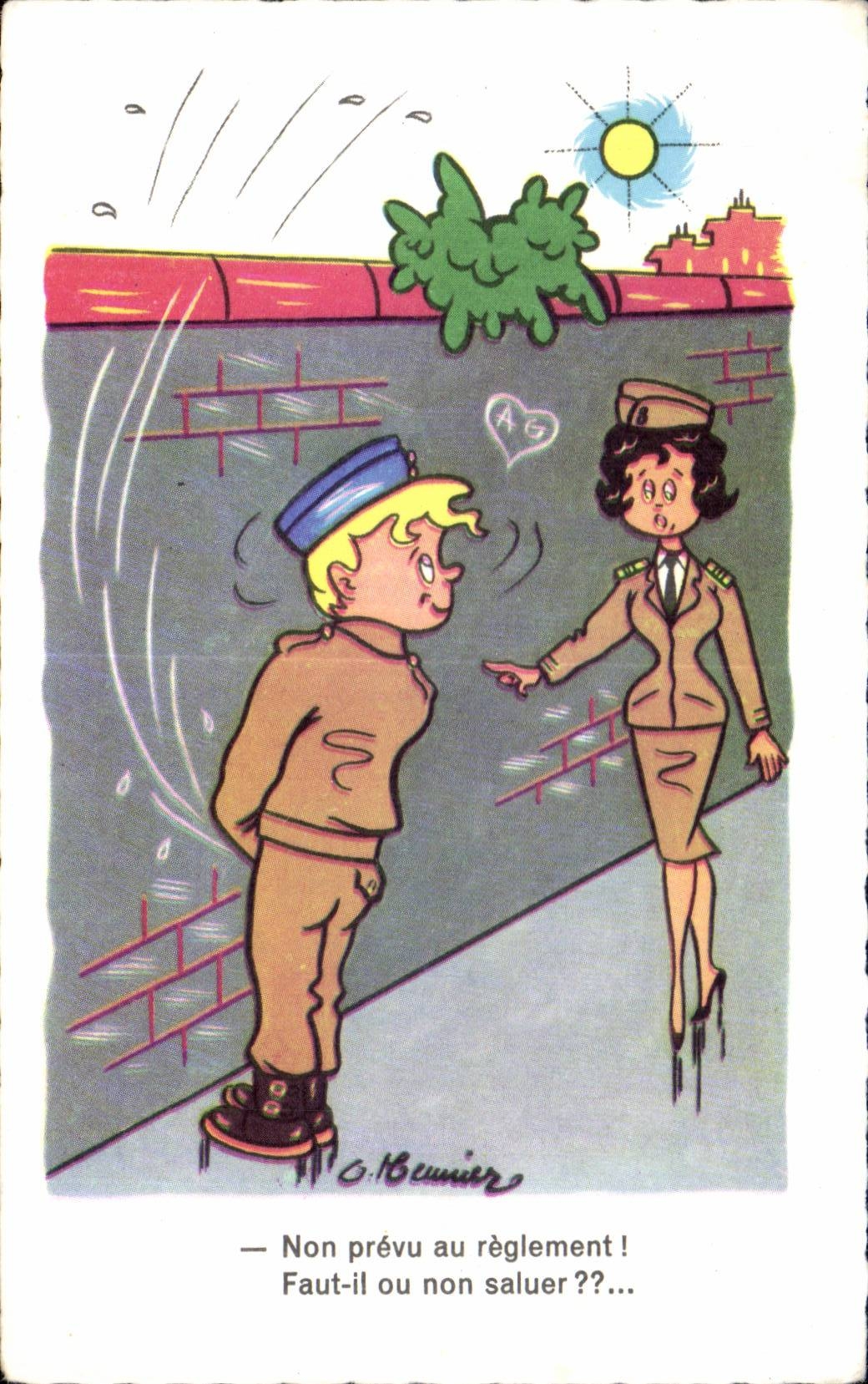 Soldado y oficial femenino — humor militar — G. Beunier, n°45
