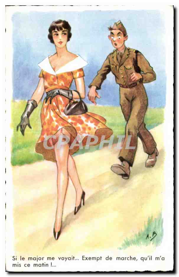 Femme en robe orange et soldat — scène humoristique — A.B. (dessinateur) / G. Picard (éditeur)