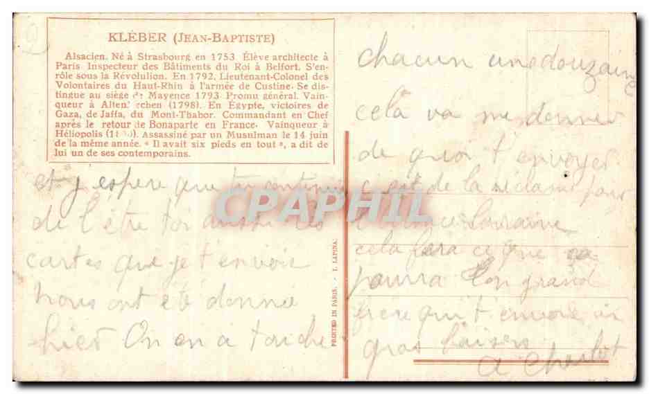 CPA Militaria Kleber Ne a Strasbourg en 1753 Heliopolis  — Rückseite