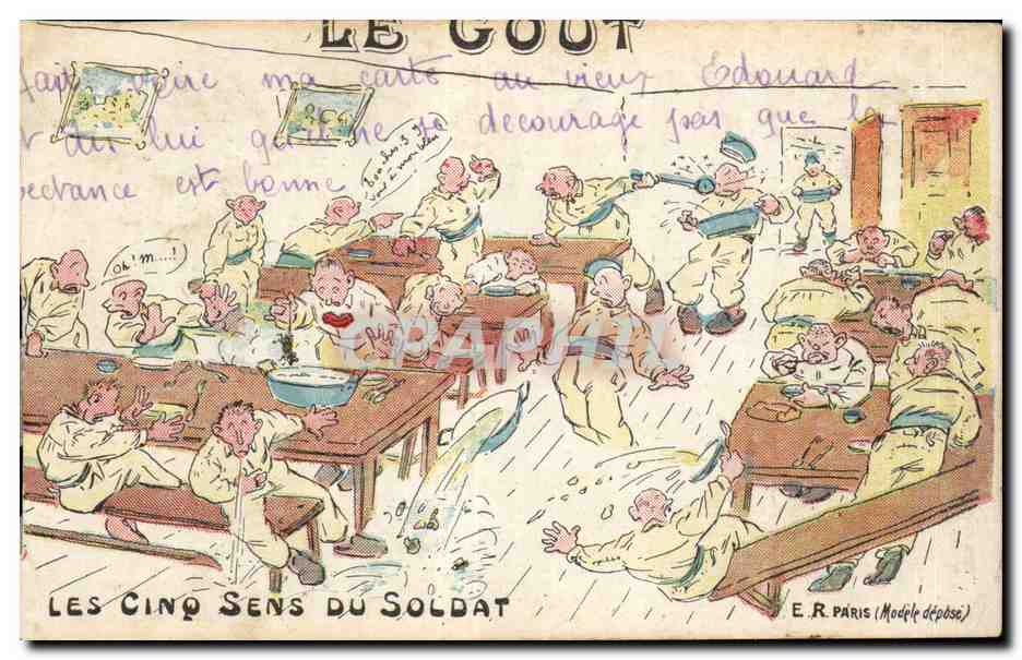 Les Cinq Sens du Soldat — caricature militaire — E.R. Paris (Modèle déposé)