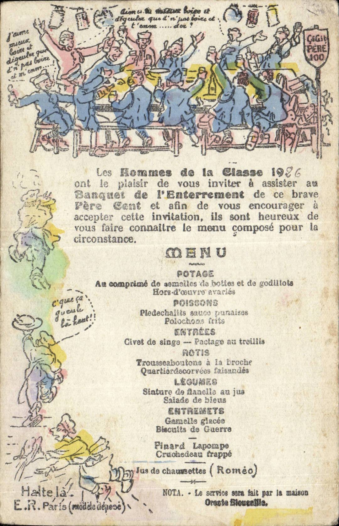Banquet de l'Enterrement de Père Cent — Les Hommes de la Classe 1926 — E.R. Paris (modèle déposé)