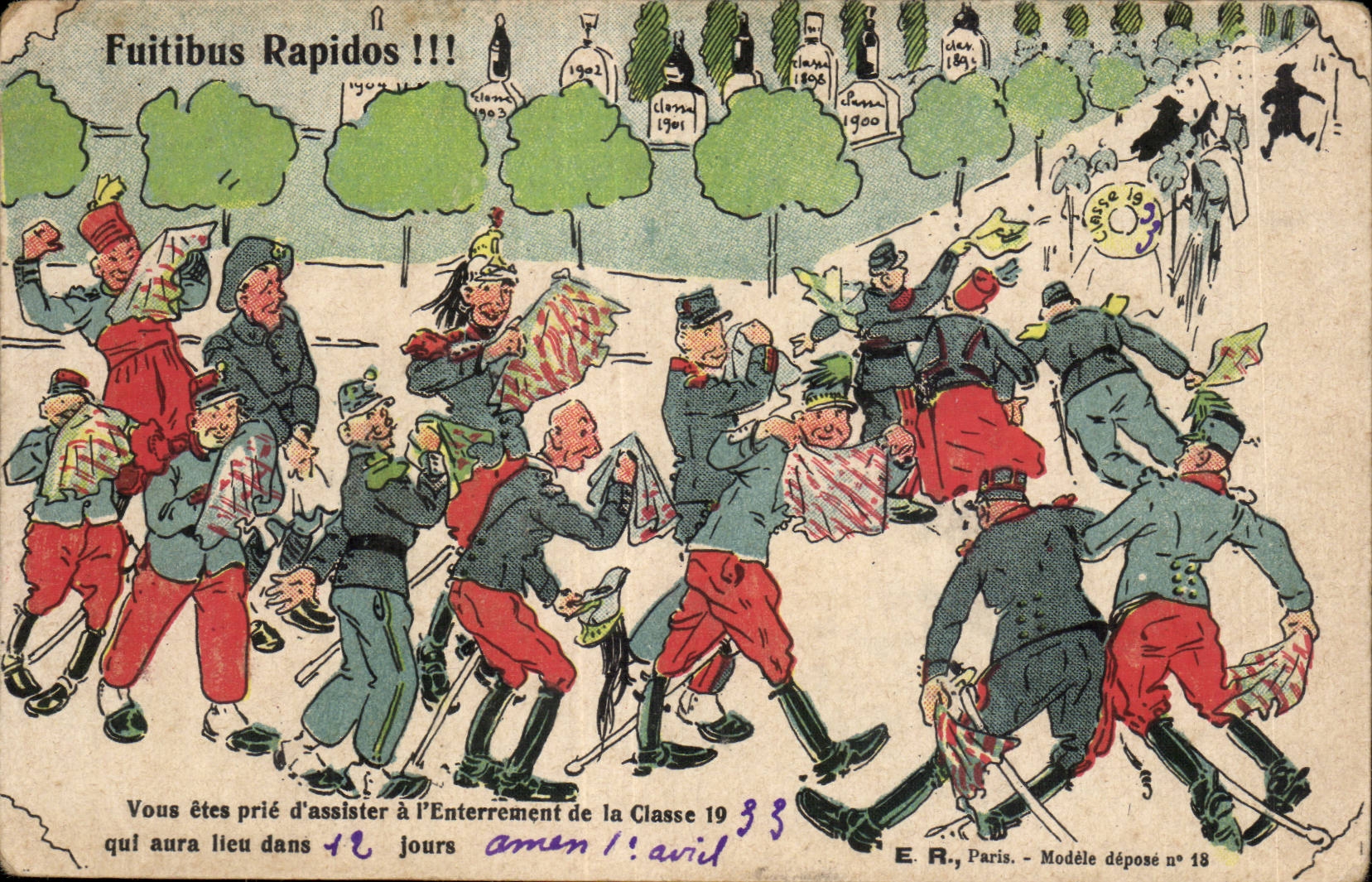 Fuitibus Rapidos !!! — Entierro de la Clase 1933 — E.R., París, Modelo depositado n° 18 - Anverso