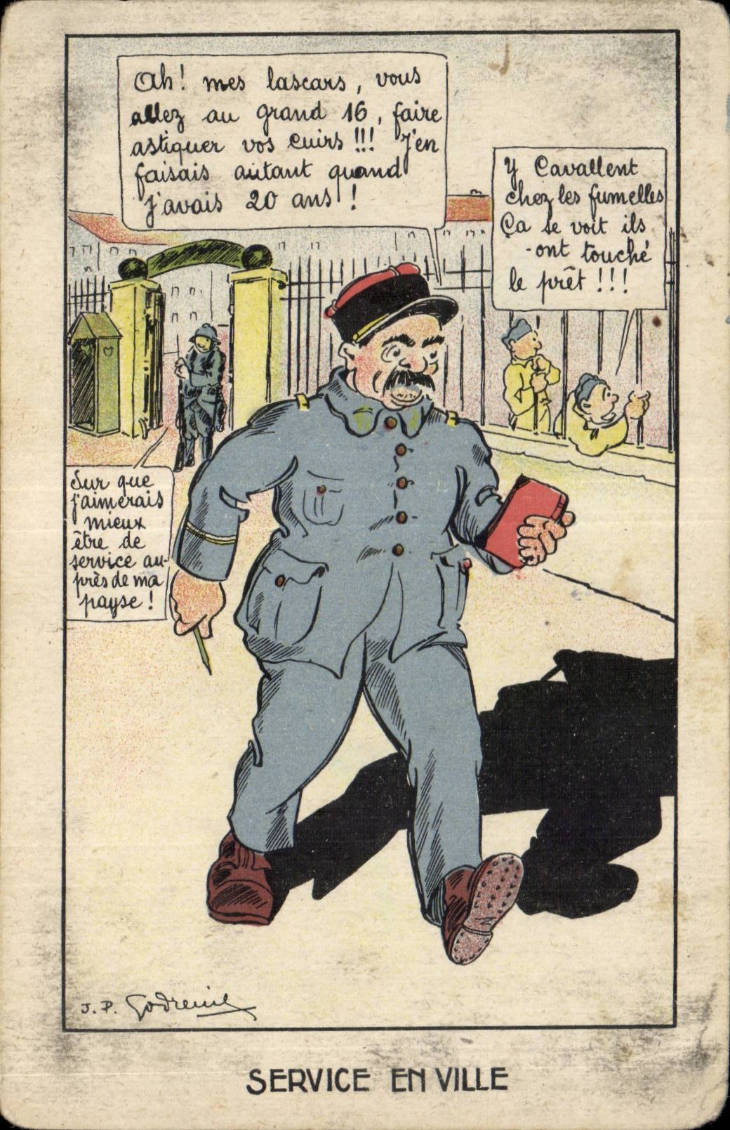 CPA Militaria Humour Service en ville 