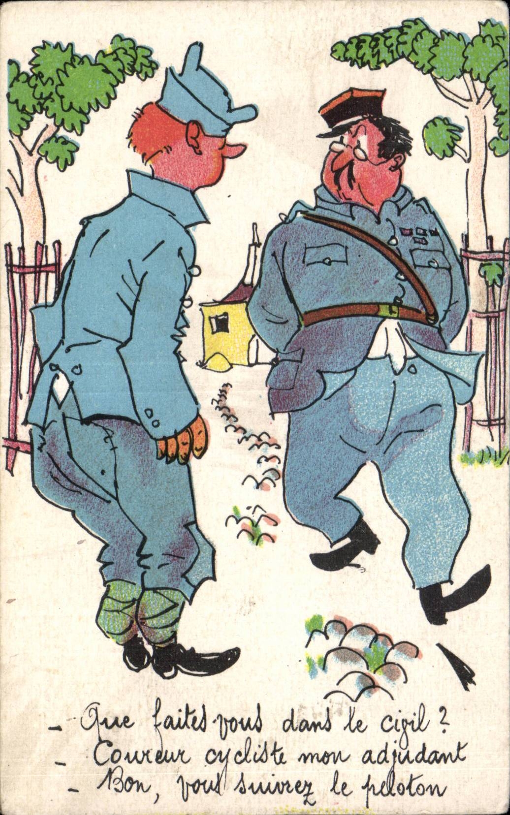 CPA Militaria Humour Que faites vous dans le civil ? Coureur cycliste velo cycle 
