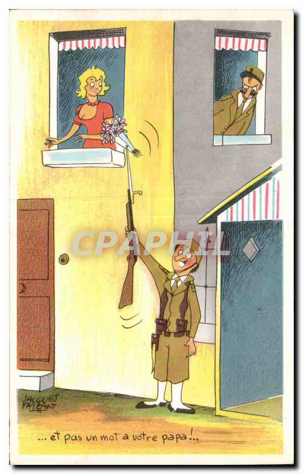 Soldat et femme au balcon — caricature de Jacquet Paféchant — éditeur non visible