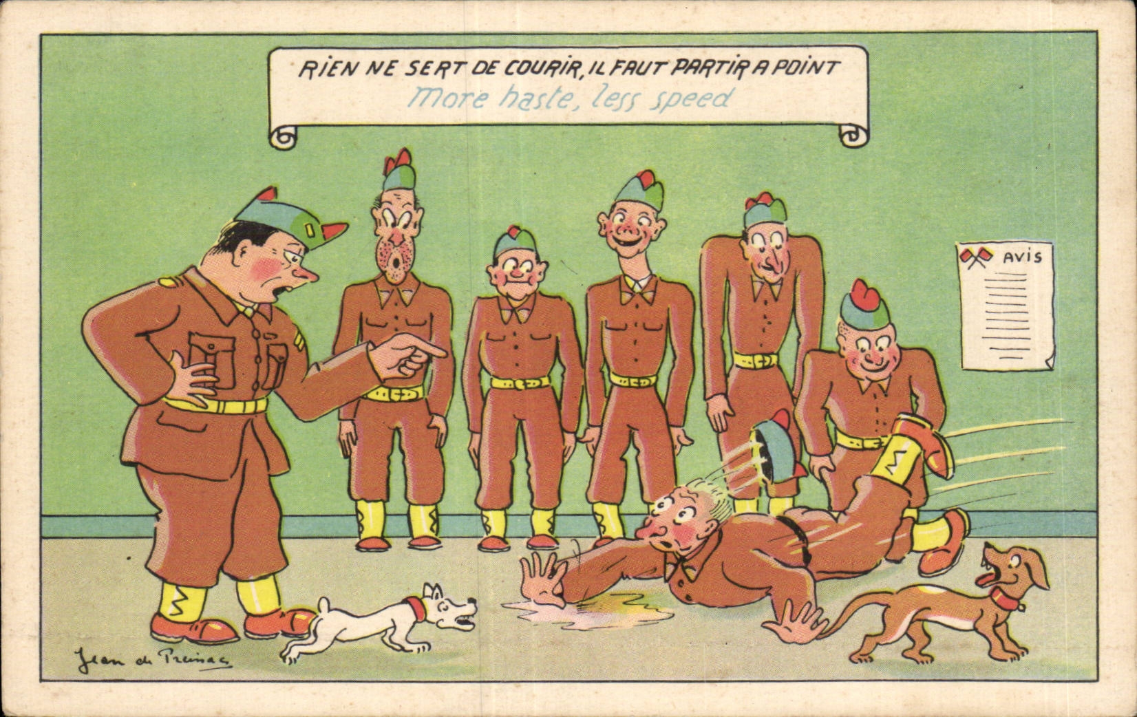 Soldats en formation — caricature — Jean de Préaux, série Les Propriétés n°2