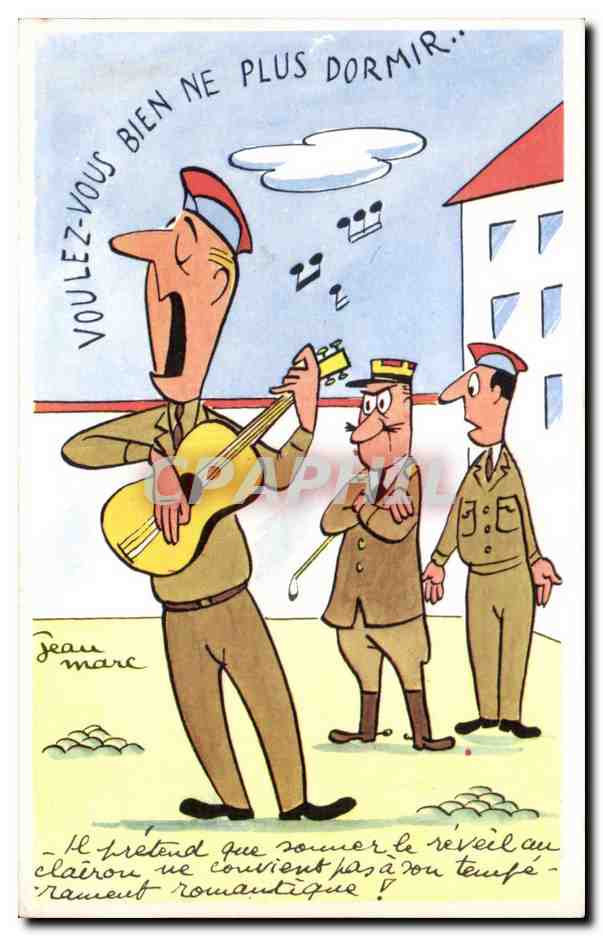 Soldado tocando la guitarra — caricatura — Jean Marc, editor R. Hamel, n°185