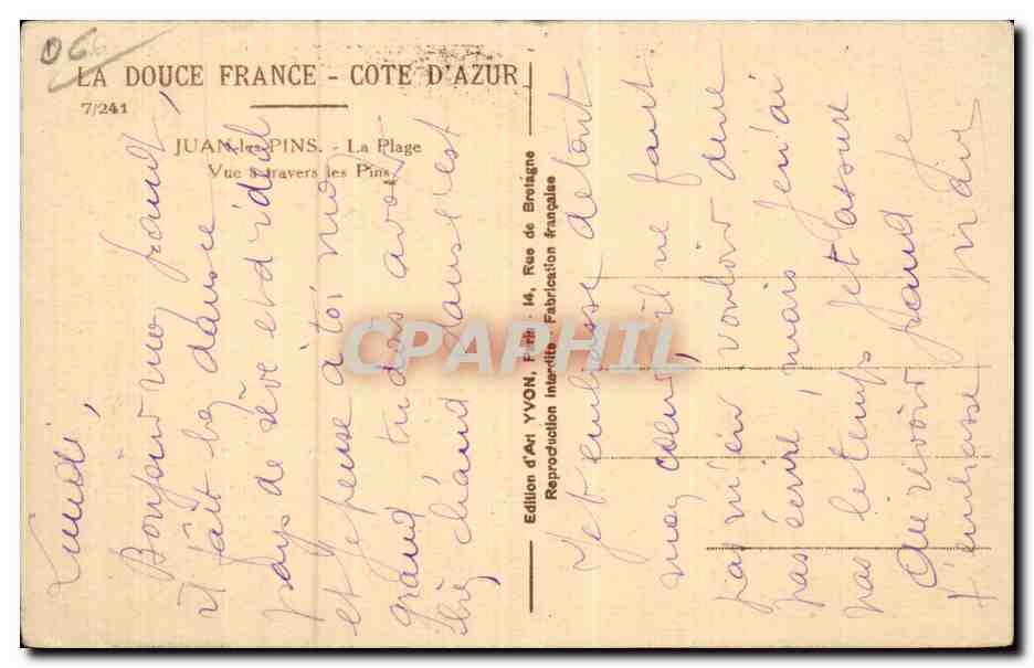 Juan les Pins - La Plage - Douce France - Yvon - CPA  — Rückseite