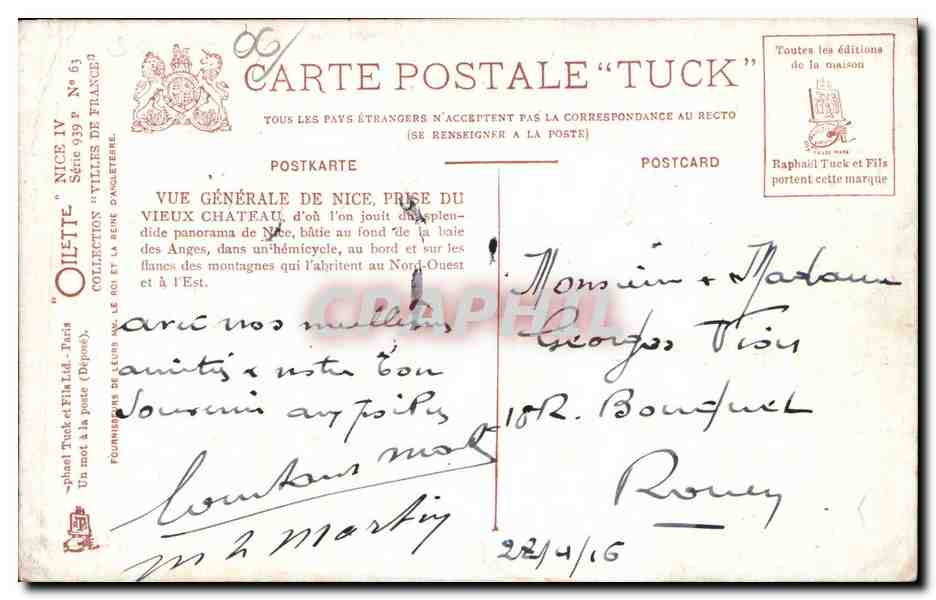 Nice - Carte Postale Tuck - Vue Generale prise du chateau - CPA  — Rückseite