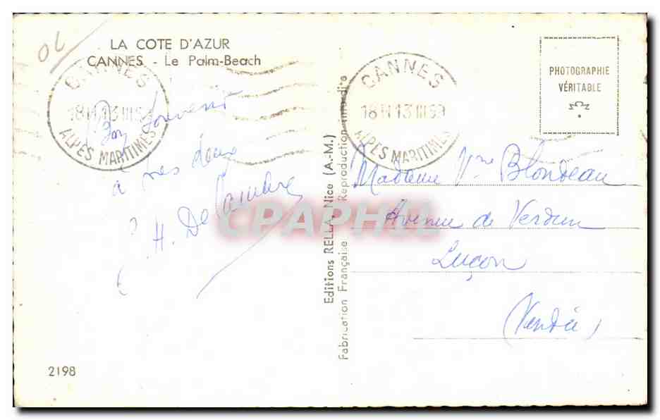 Cannes - Le Palm Beach - CPA  — Verso