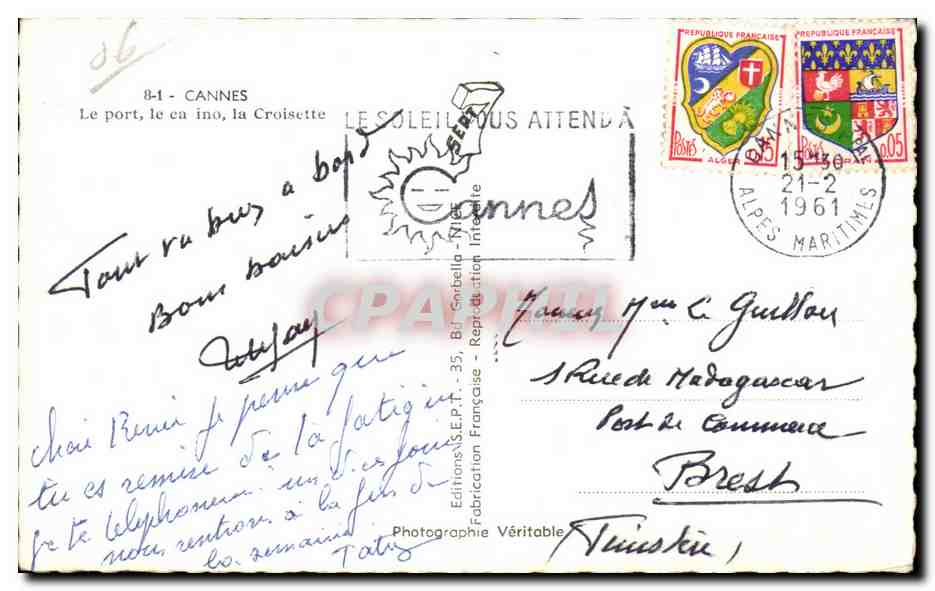 Cannes - Le Port - Le Casino - La Croise - CPA  — Verso