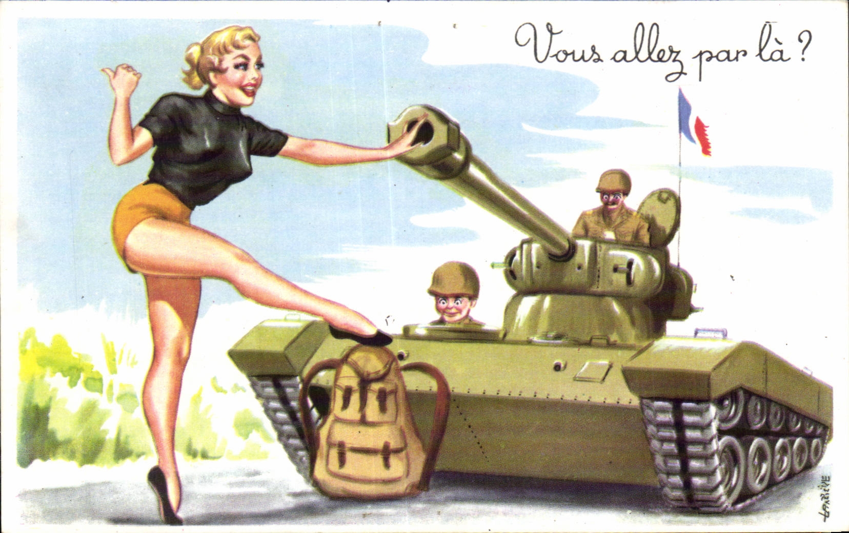 Pin-up blonde — soldats dans un char — éditeur LAMRINE