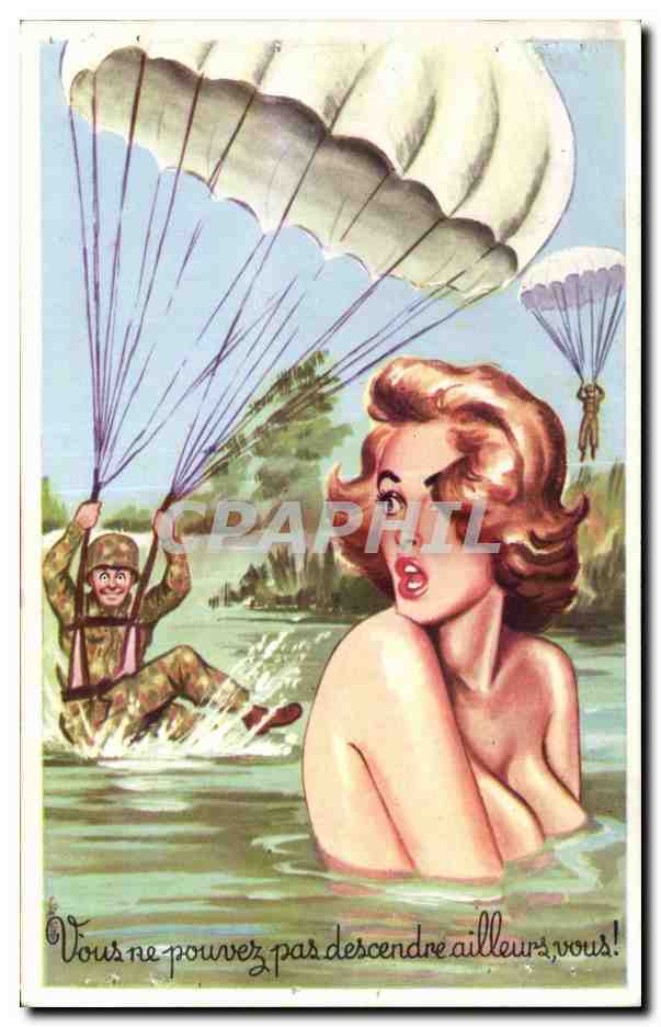 Soldat en parachute — femme nue dans l'eau — texte humoristique — éditeur 'Imprimerie de France' n°399