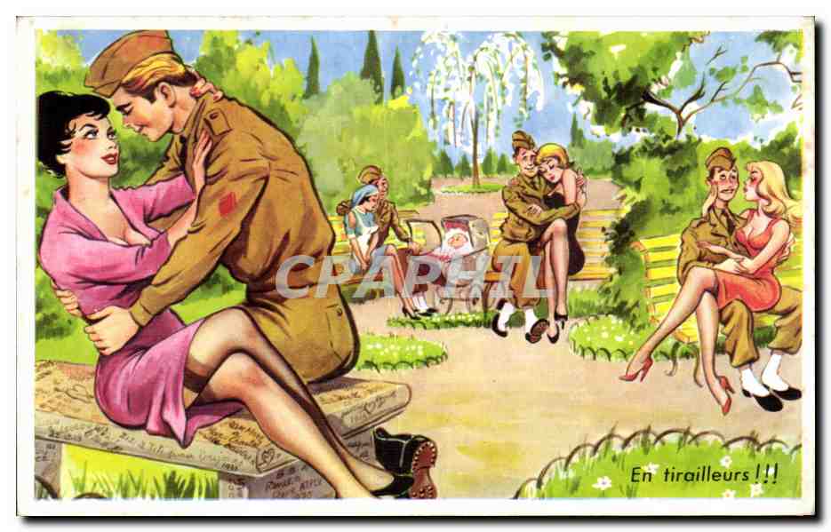 En tirailleurs !!! — Soldats en uniforme avec des femmes dans un parc — Photochrom 759