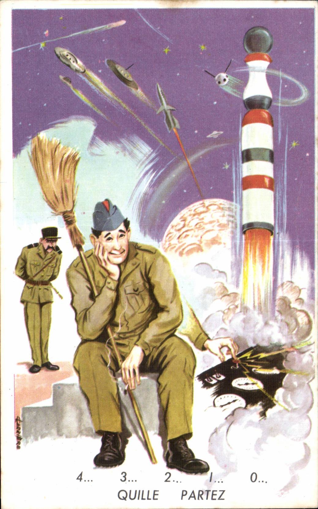CPA Fantaisie Militaria Quille partez Humour Fusee Cosmos Rocket
