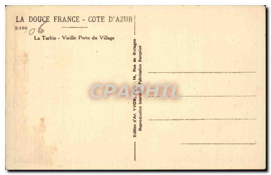 La Turbie - Vieille Porte du Village — La Douce France - Côte d'Azur — Édition d'Art YVON, Paris — Reverso