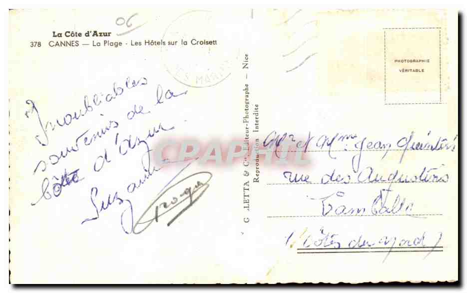 Cannes - La Plage - Les Hotels sur la Croisette - CPA — Verso