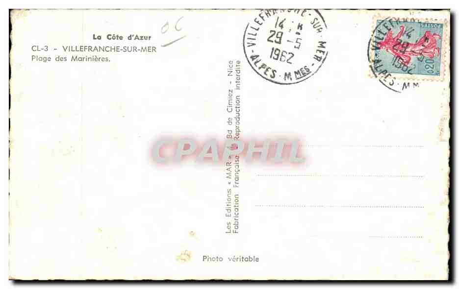 Villefranche sur Mer - Plage des Marinieres - CPA — Verso