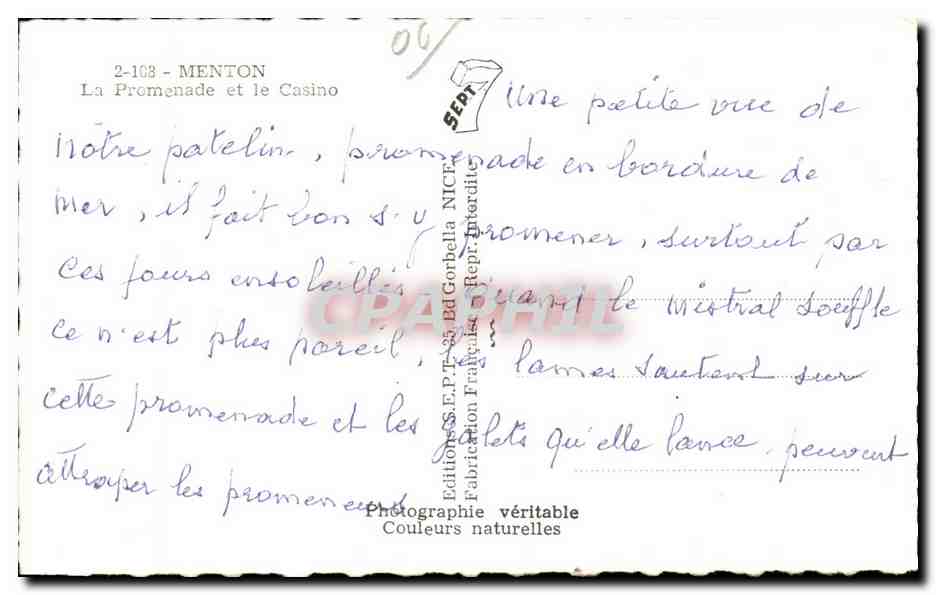 Menton - La Promenade et le Casino - CPA — Rückseite