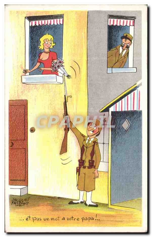 Soldat et femme à la fenêtre — caricature humoristique — Jacques Faitzant