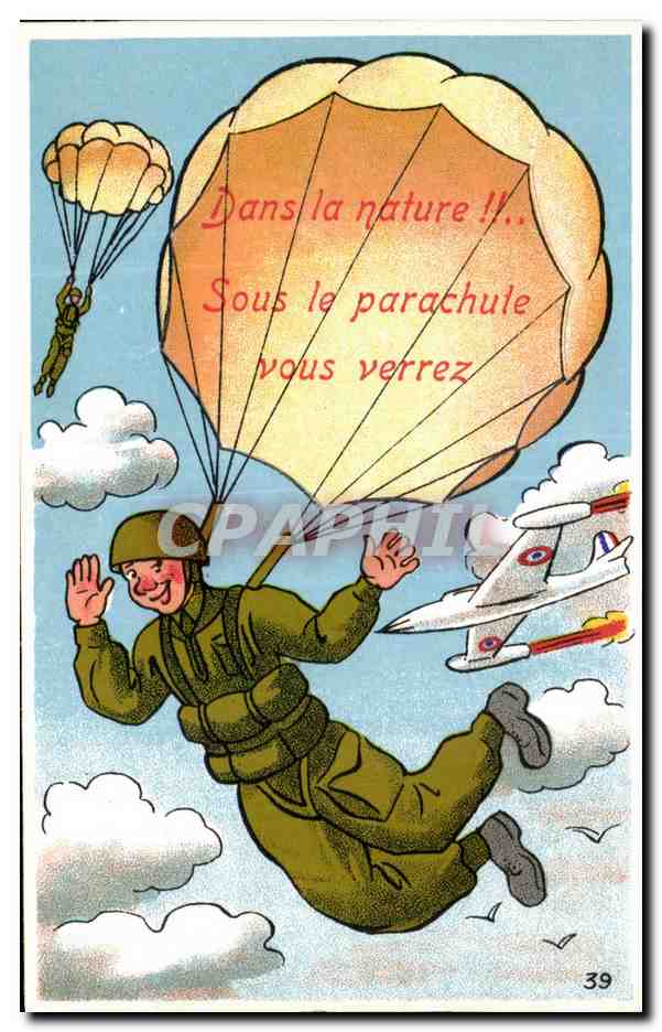 CPA Fantaisie Militaria Humour Dans la nature Sous le parachute Avion Aeroplane