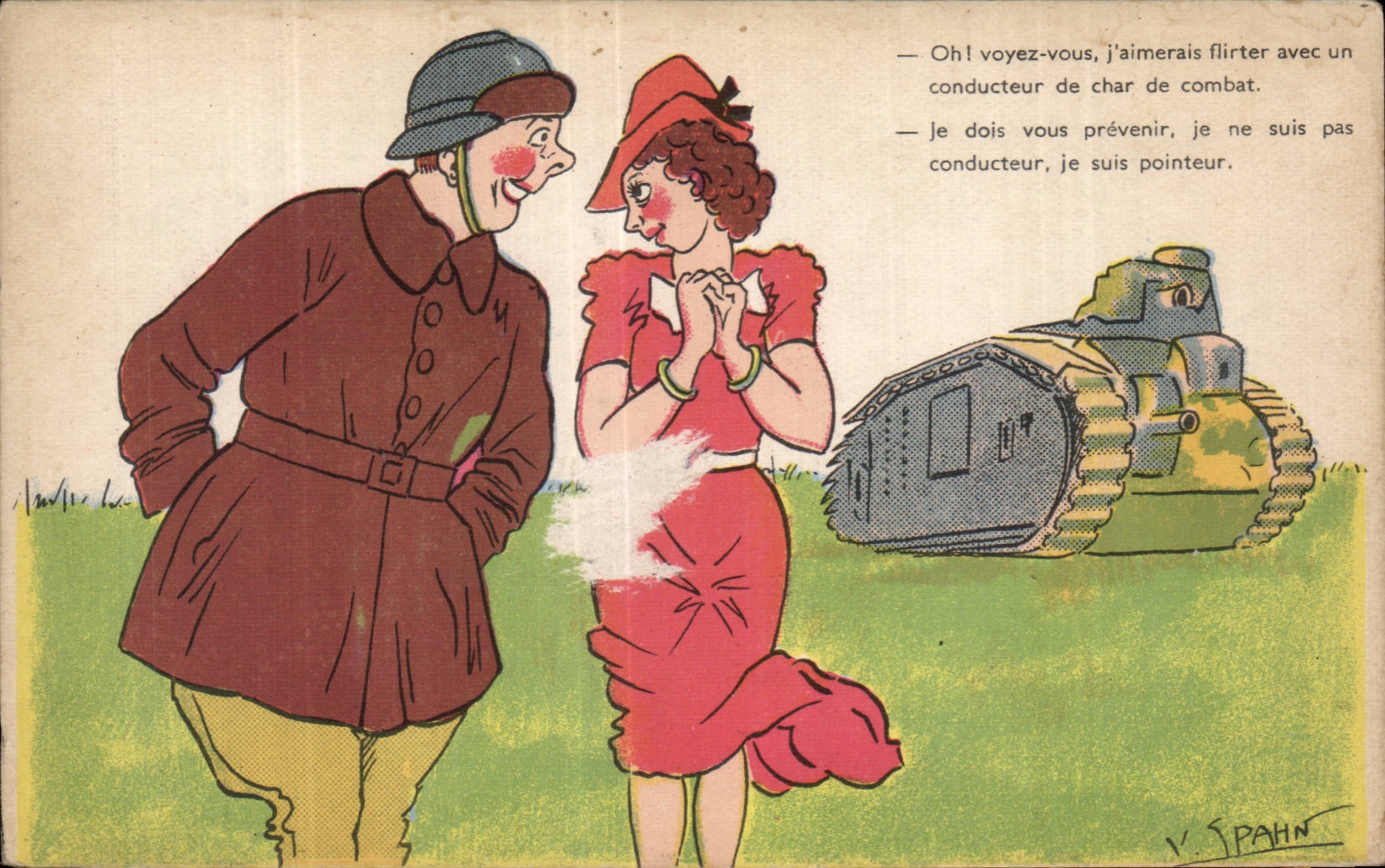 CPA Fantaisie Militaria Humour Char d assaut Tank Spahn