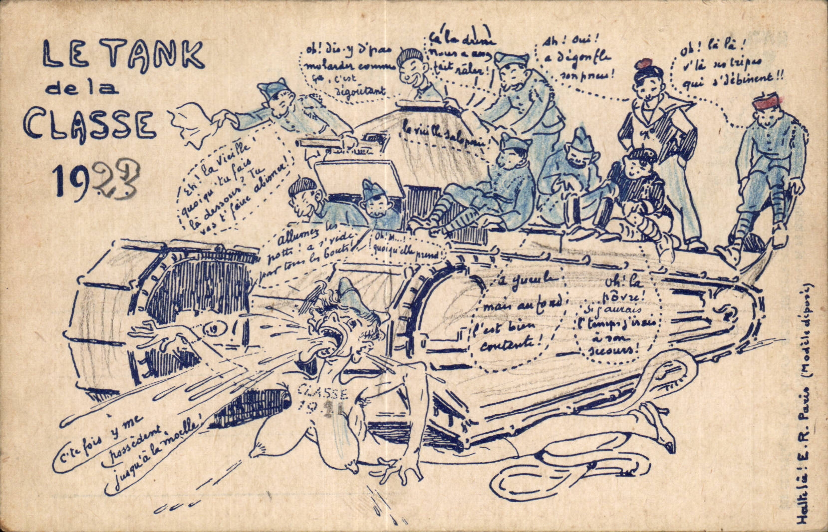 Le Tank de la Classe 1923 — caricature militaire — E.R. Paris