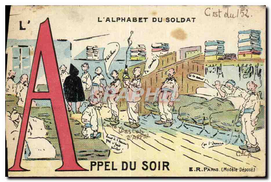CPA Fantaisie Militaria Humour L alphabet du soldat Appel du soir