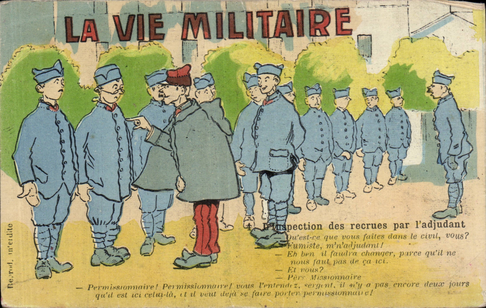 Inspection des recrues par l'adjutant — La Vie Militaire — éditeur Revers L. merdite