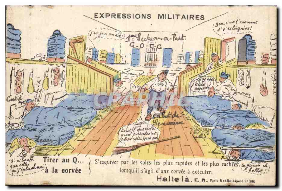 Expressions militaires — caricature de soldats en corvée — Halte-là E.R. Paris, modèle déposé n° 306