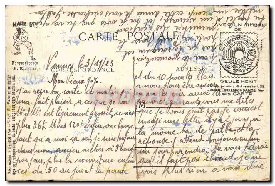 Expressions militaires — caricature de soldats en corvée — Halte-là E.R. Paris, modèle déposé n° 306 — Achterkant