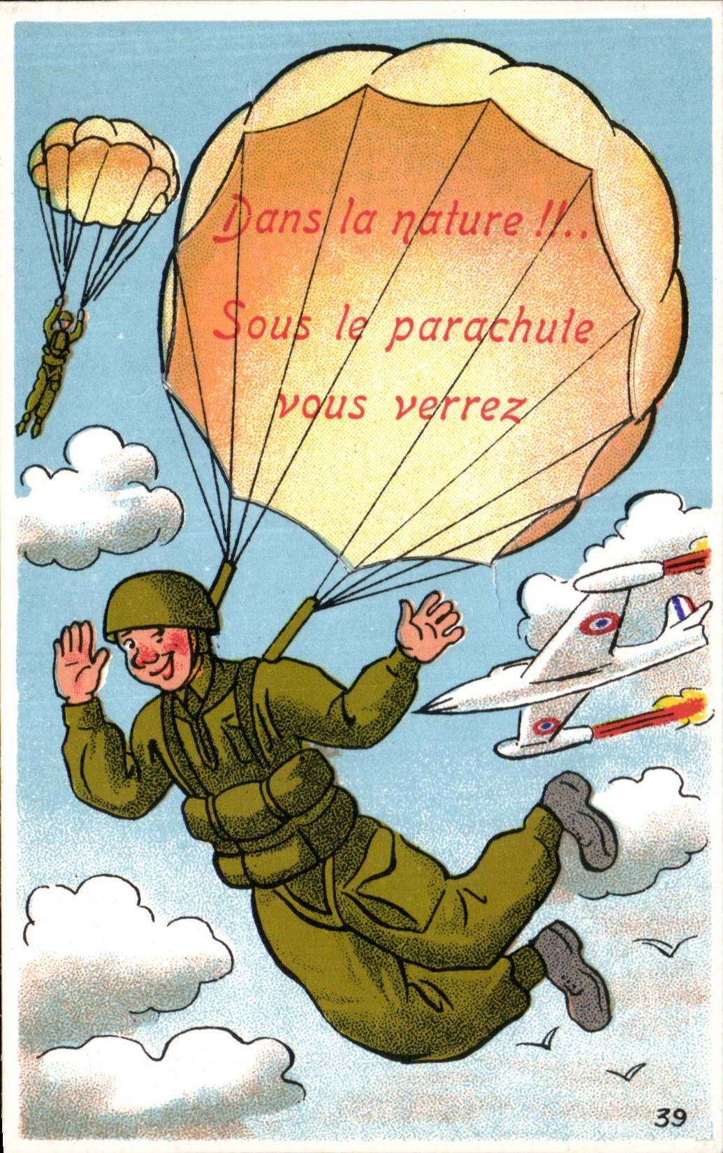 CPA Fantaisie Militaria Humour Dans la nature !! Sous la parachute Avion 