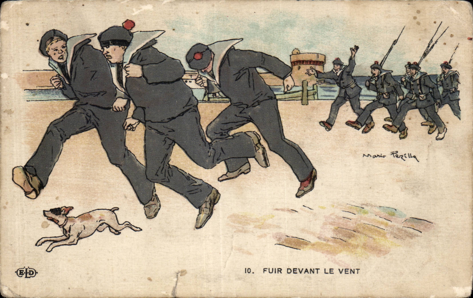 CPA Fantaisie Militaria Humour Fuir devant le vent Marins