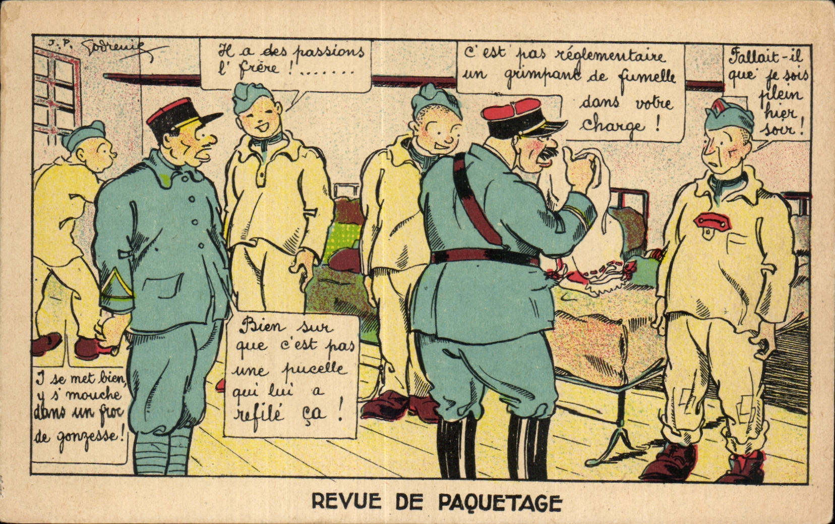 Żołnierze w mundurze — humorystyczna scena — Revue de Paquetage, wydawca D.P. Pidreuil