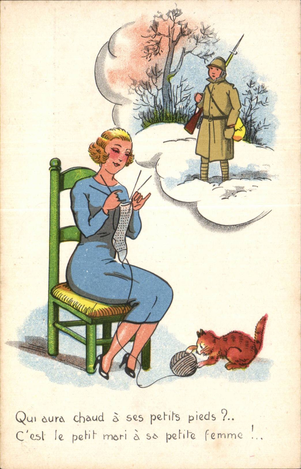 CPA Fantaisie Militaria Soldat Femme On aura chaud a ses petits pieds ? Chat