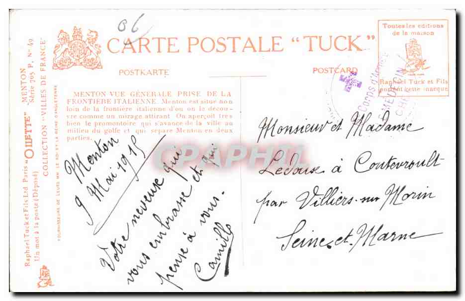 Menton - Vue Generale prise de la frontiere italienne - CPA  — Rückseite