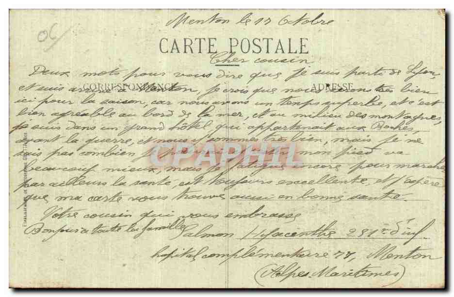 Menton - Hotel de Ville - Rue de la Republique - CPA  — Rückseite