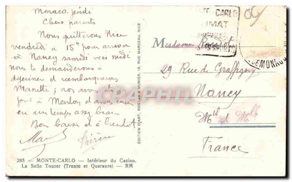 Monaco - Monte Carlo - Le Casino - La Salle Touzet - CPA  — Rückseite
