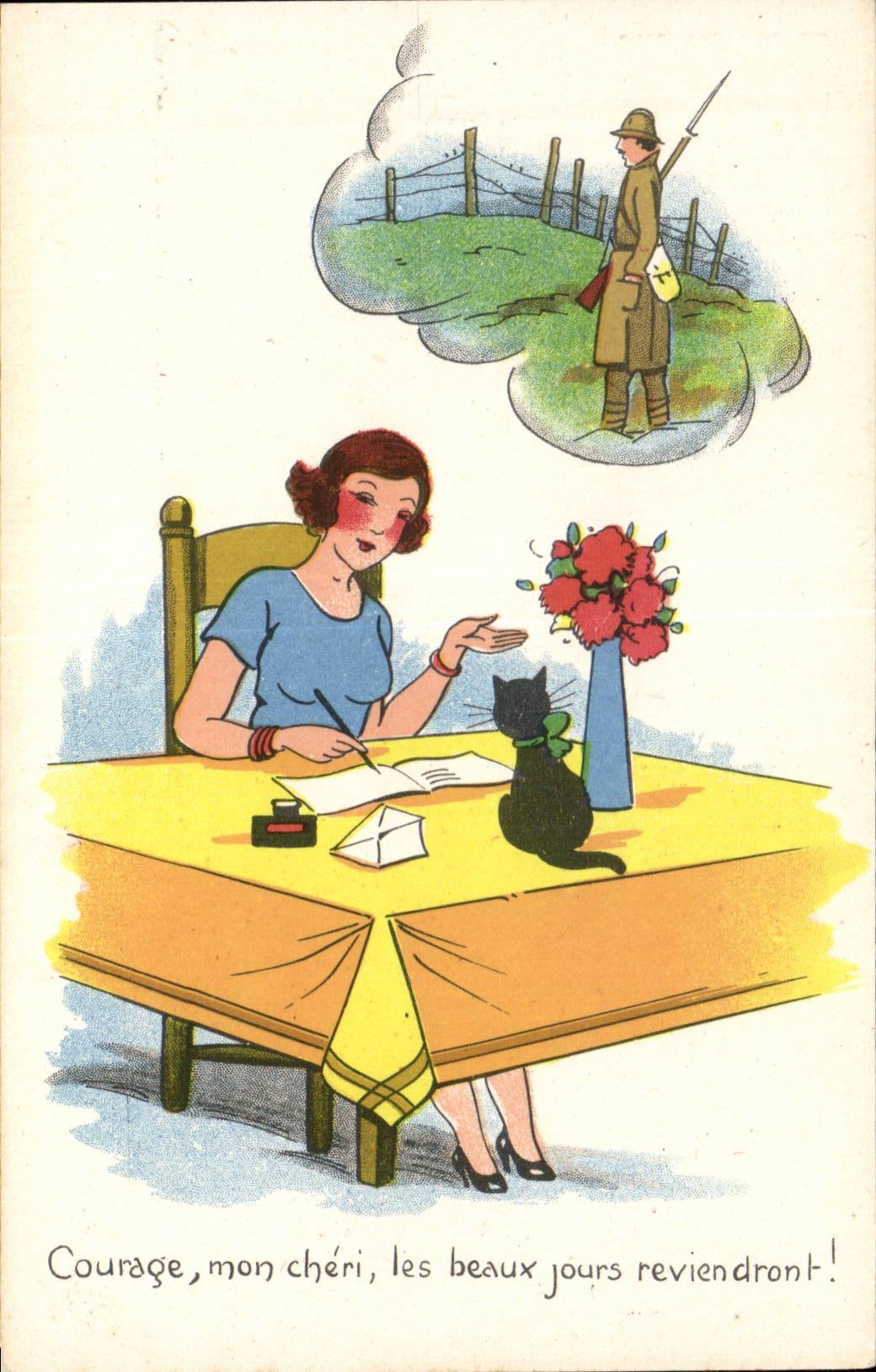 Mujer escribiendo a su prometido soldado — tarjeta postal de guerra — 100/28