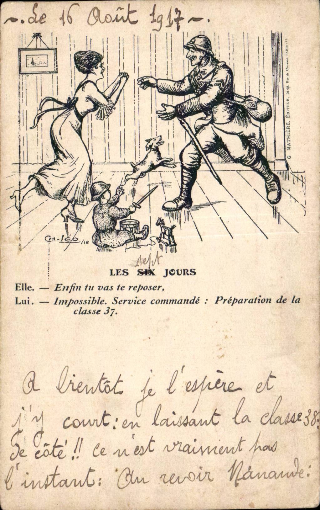Soldat et femme dans une pièce — Les Six Jours — G. Mathière, Éditeur, 38, Rue de Clichy, Paris
