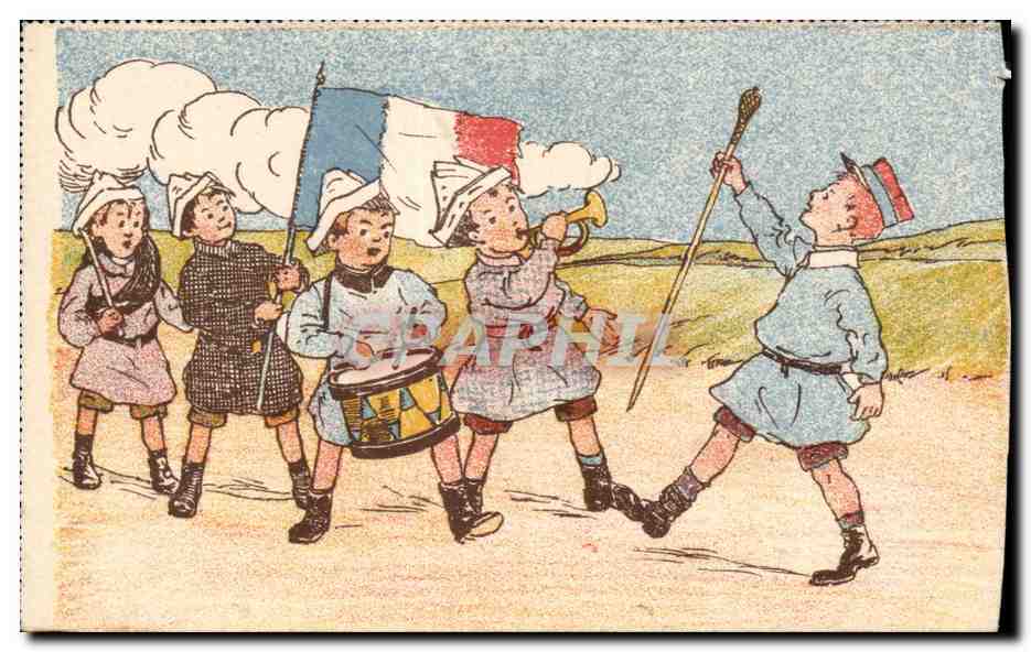 Enfants en tenue de soldats — défilant avec drapeau français — Édition Bourgeois Aîné