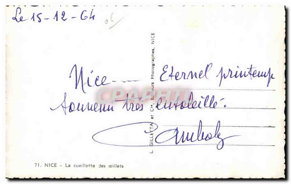 Nice - La Cueillette des oeillets - CPA  — Verso
