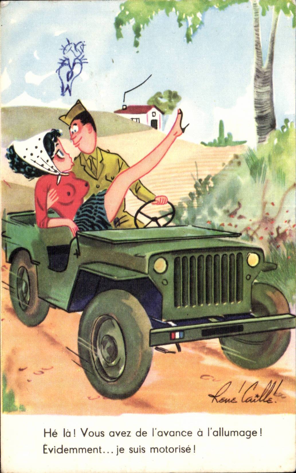 Couples en jeep militaire — humour militaire — Louis Caillle, n° 143