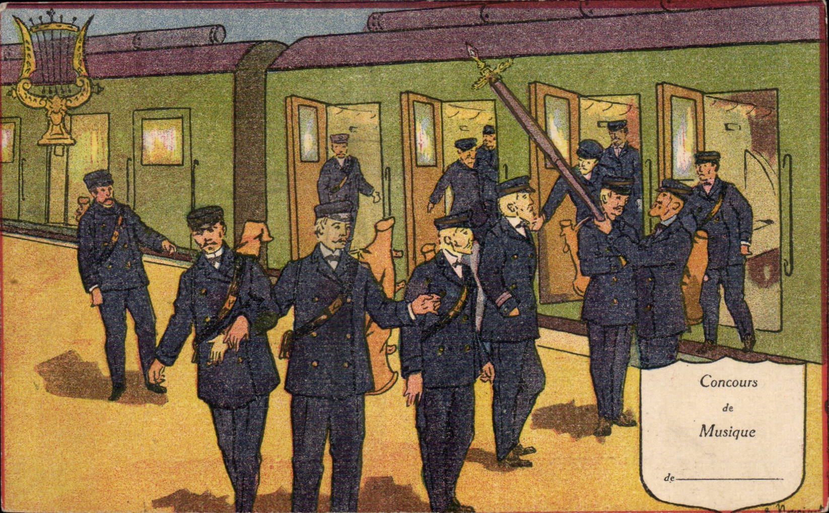 Concours de Musique — Musiciens en uniforme devant un train — éditeur N. N. (N° de série non lisible)
