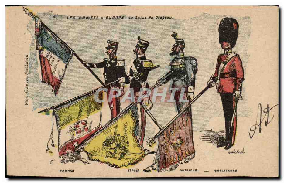 Militaria - Humour - Humoristique - Illustration - Les Armees a Europe - Salut de Drapeau - CPA 