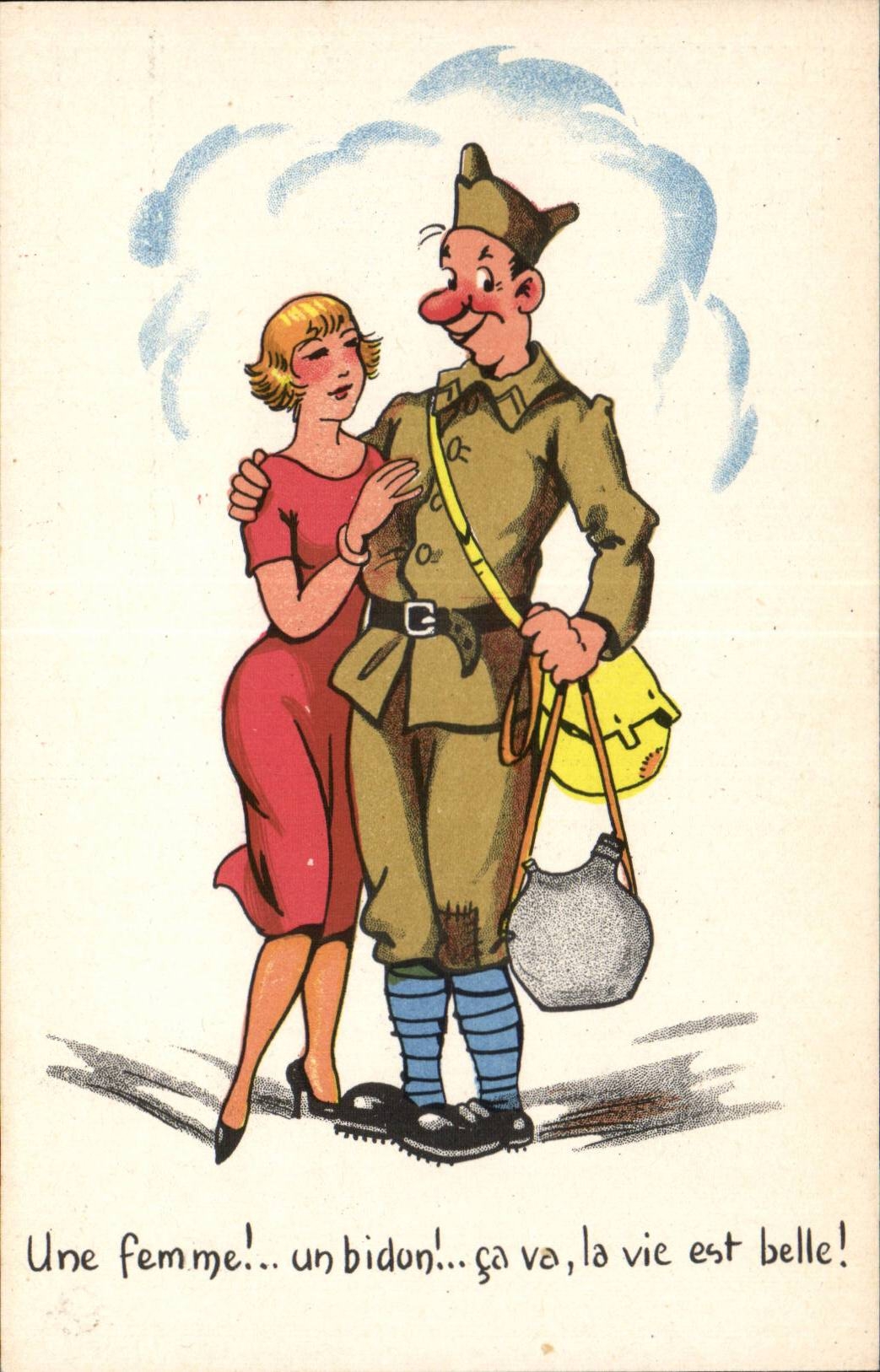 Militaria - Humour - Humoristique - Illustration Une femme un bidon que la vie est belle - CPA 