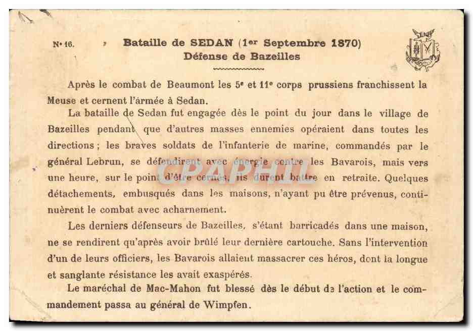 Bataille de SEDAN (1er Septembre 1870) — Défense de Bazeilles — Éditeur E. Gurnay, n°16 — Verso