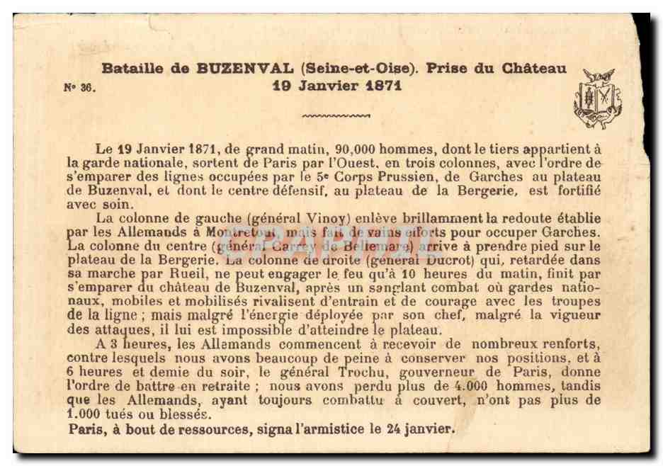 Militaria - Illustration - Bataille de Buzenval - Prise du Chateau - 19 Janvier 1871 - CPA  — Rückseite